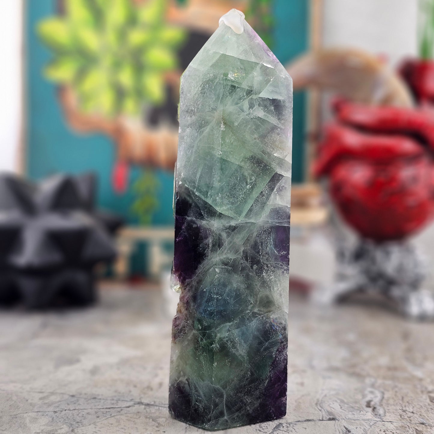 Fluorite Tower with Quartz Inclusions, Druzy Pockets & Natural Rainbow Flash