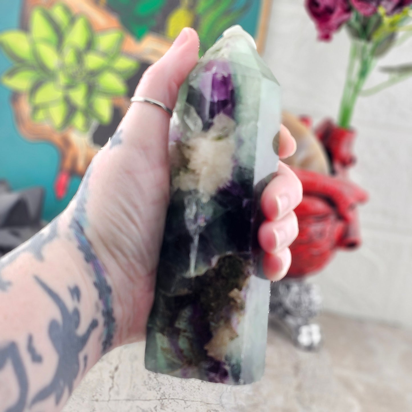 Fluorite Tower with Quartz Inclusions, Druzy Pockets & Natural Rainbow Flash