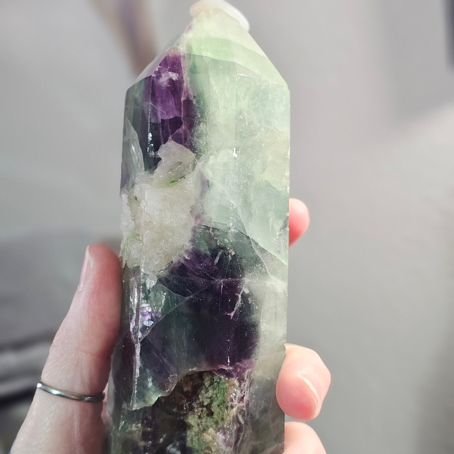 Fluorite Tower with Quartz Inclusions, Druzy Pockets & Natural Rainbow Flash