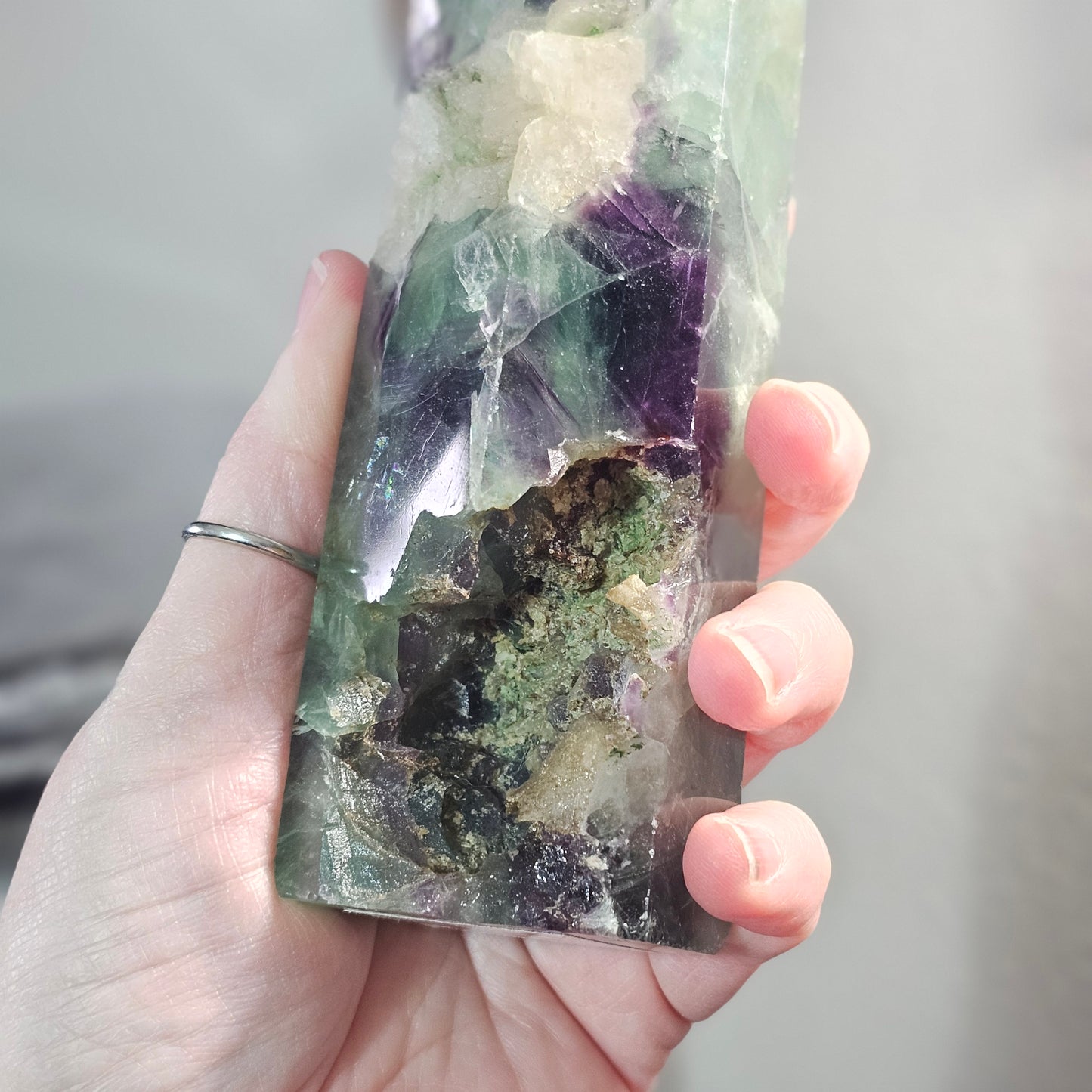 Fluorite Tower with Quartz Inclusions, Druzy Pockets & Natural Rainbow Flash