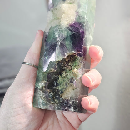 Fluorite Tower with Quartz Inclusions, Druzy Pockets & Natural Rainbow Flash