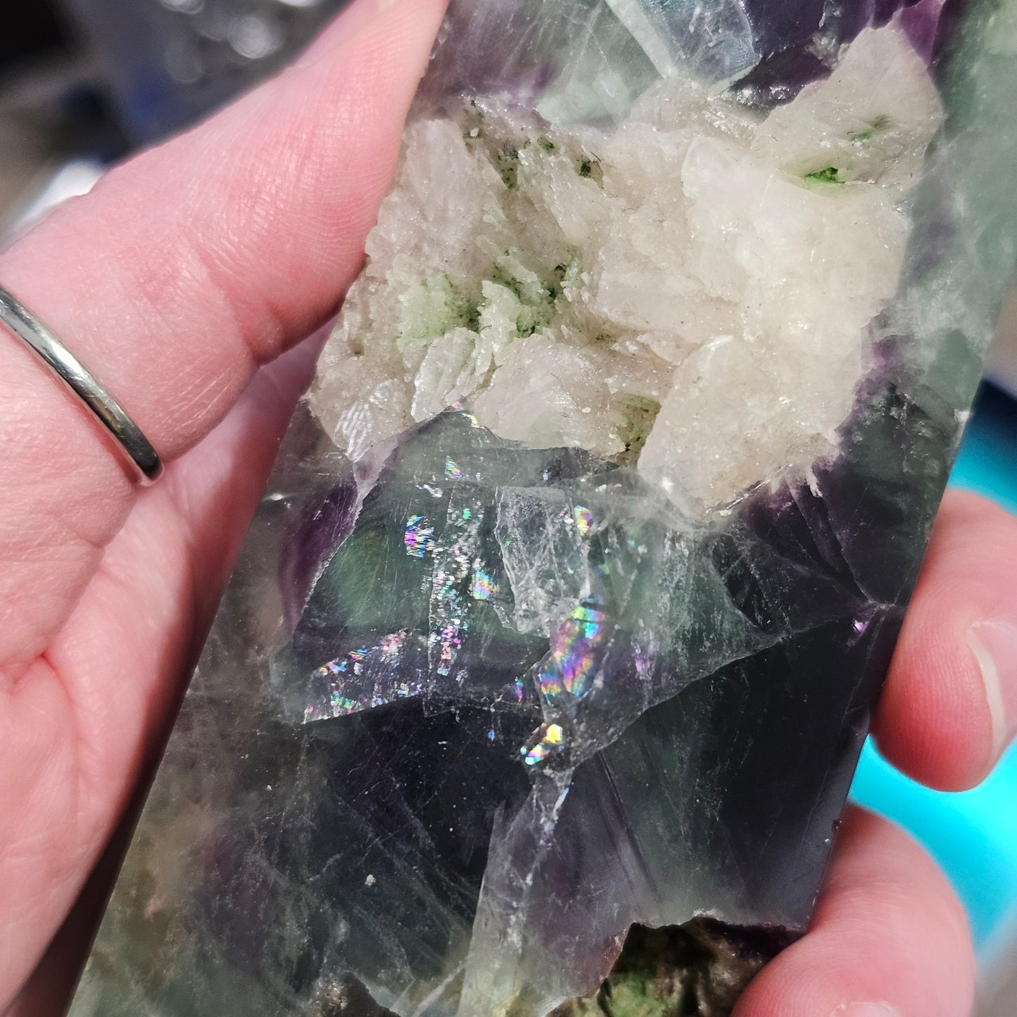 Fluorite Tower with Quartz Inclusions, Druzy Pockets & Natural Rainbow Flash