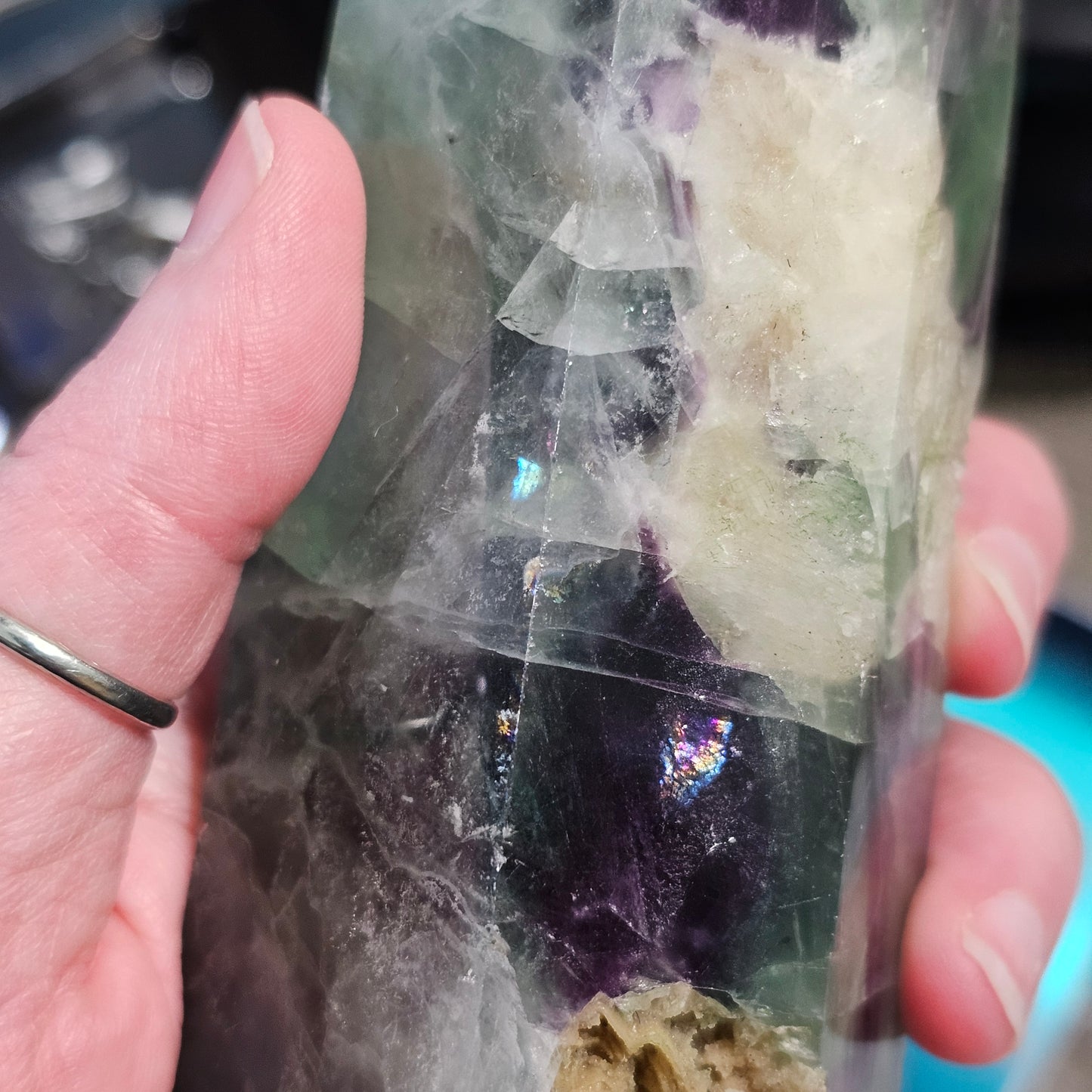 Fluorite Tower with Quartz Inclusions, Druzy Pockets & Natural Rainbow Flash