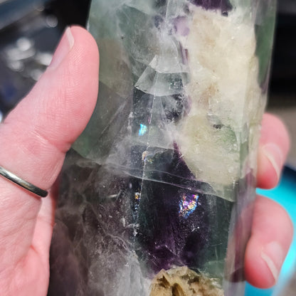 Fluorite Tower with Quartz Inclusions, Druzy Pockets & Natural Rainbow Flash