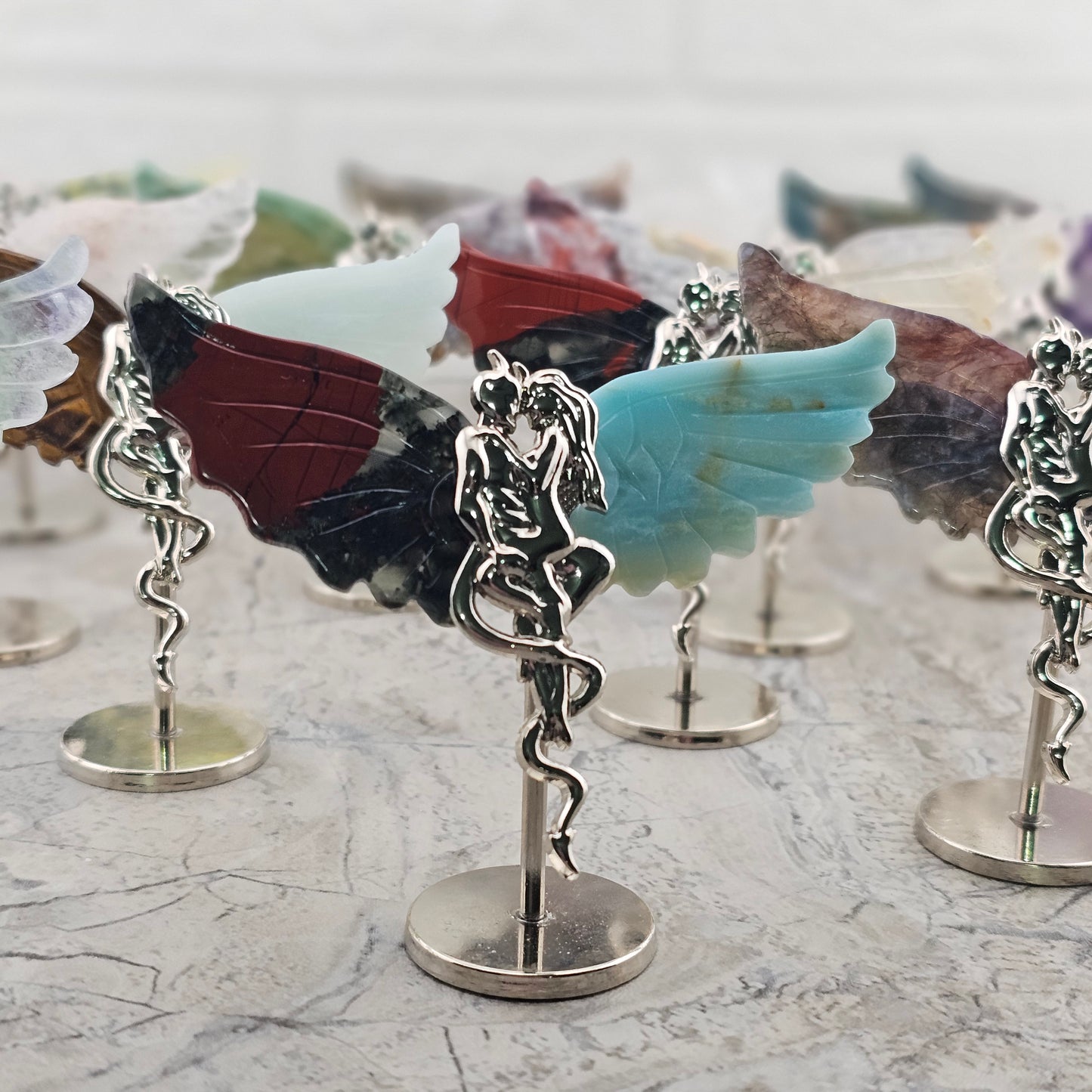 Angel and Devil Stone wing Carvings and Metal Figurine