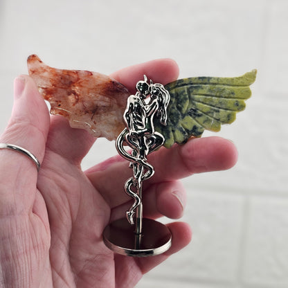 Angel and Devil Stone wing Carvings and Metal Figurine