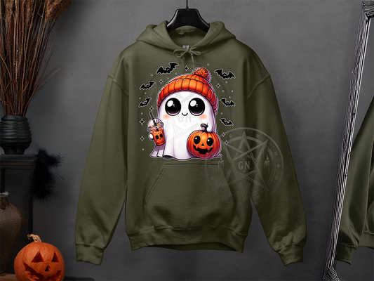 Handmade durable pullover hoodie with ghost design, perfect for colder seasons.