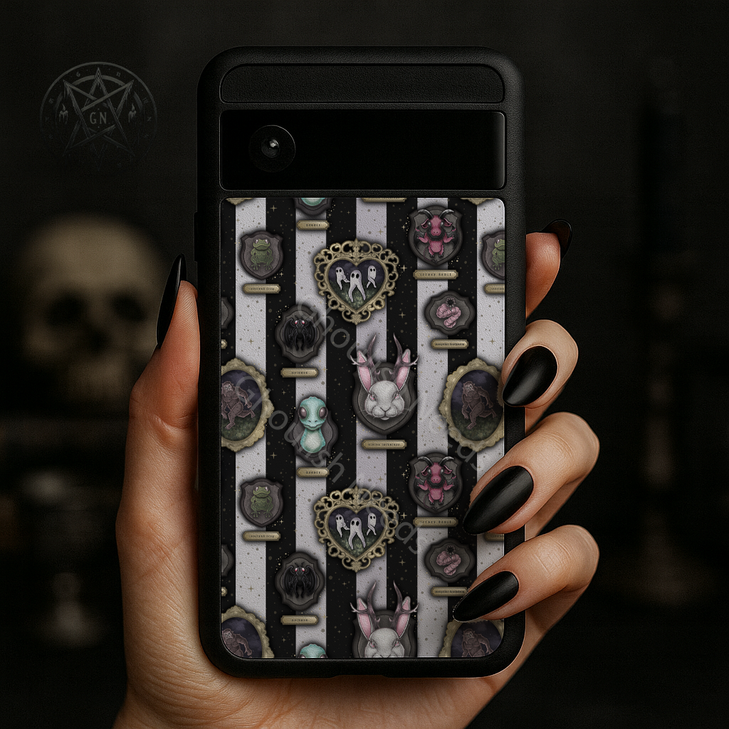 Phone case with a black and white striped design featuring various Cryptids held by a hand.