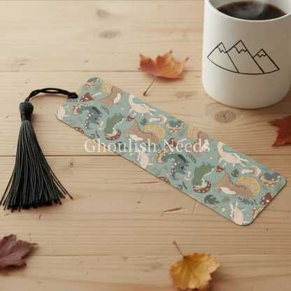 Dinosaur and Mushrooms Blue Bookmark with Tassel