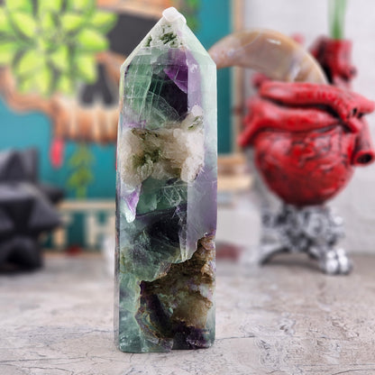 Fluorite Tower with Quartz Inclusions, Druzy Pockets & Natural Rainbow Flash