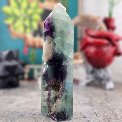 Fluorite Tower with Quartz Inclusions, Druzy Pockets & Natural Rainbow Flash