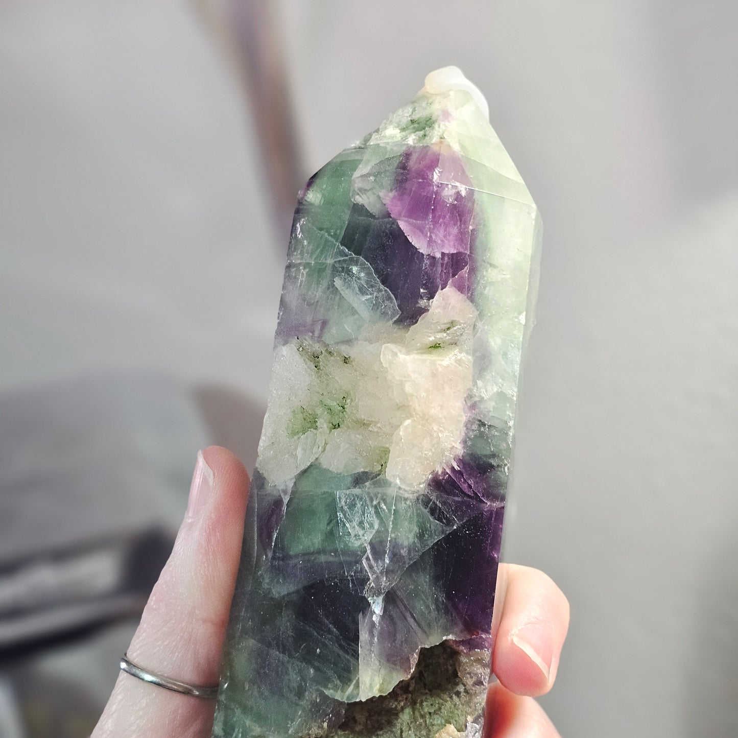 Fluorite Tower with Quartz Inclusions, Druzy Pockets & Natural Rainbow Flash