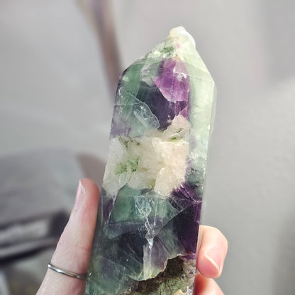 Fluorite Tower with Quartz Inclusions, Druzy Pockets & Natural Rainbow Flash