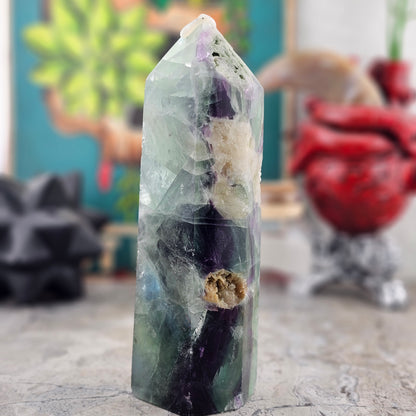 Fluorite Tower with Quartz Inclusions, Druzy Pockets & Natural Rainbow Flash