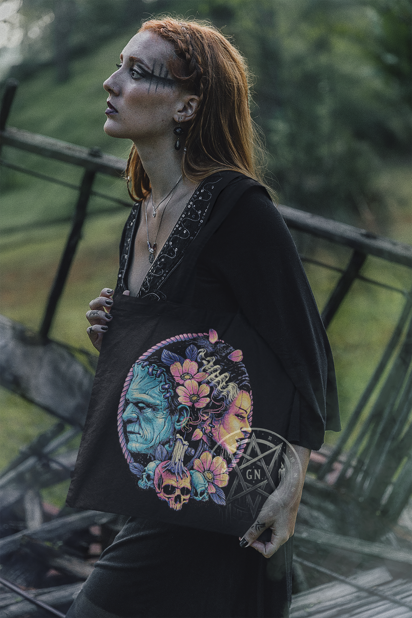 Frankenstein's Monster and Bride Tote Bag mockup - Woman carrying black canvas tote
