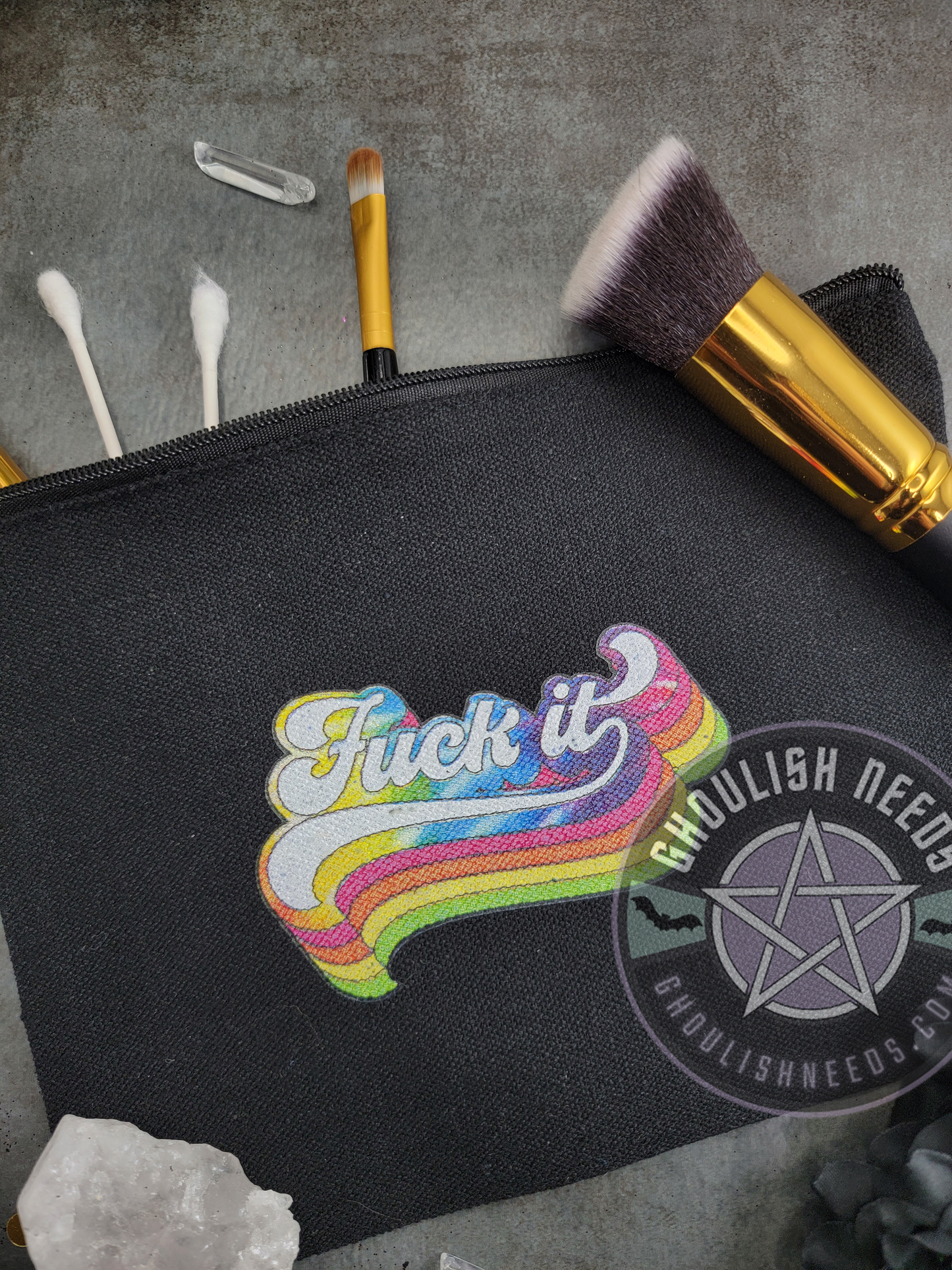 Fuck It Makeup Bag - Black canvas with bright rainbow print