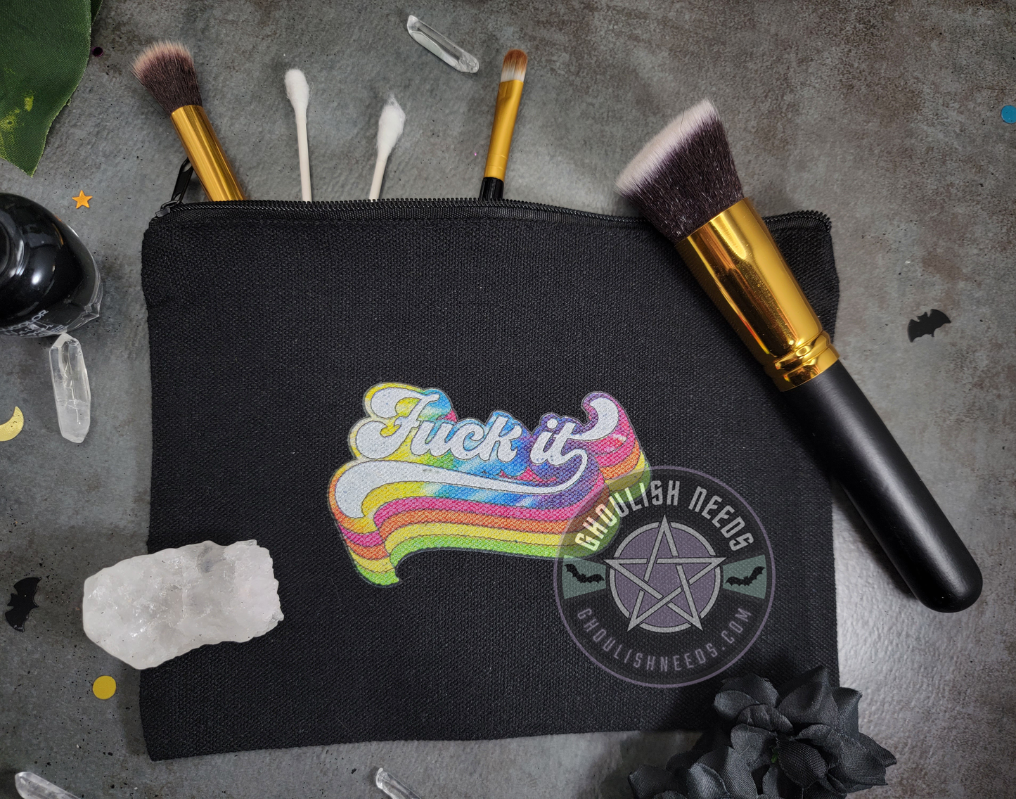 Fuck It Makeup Bag - Black canvas with bright rainbow print