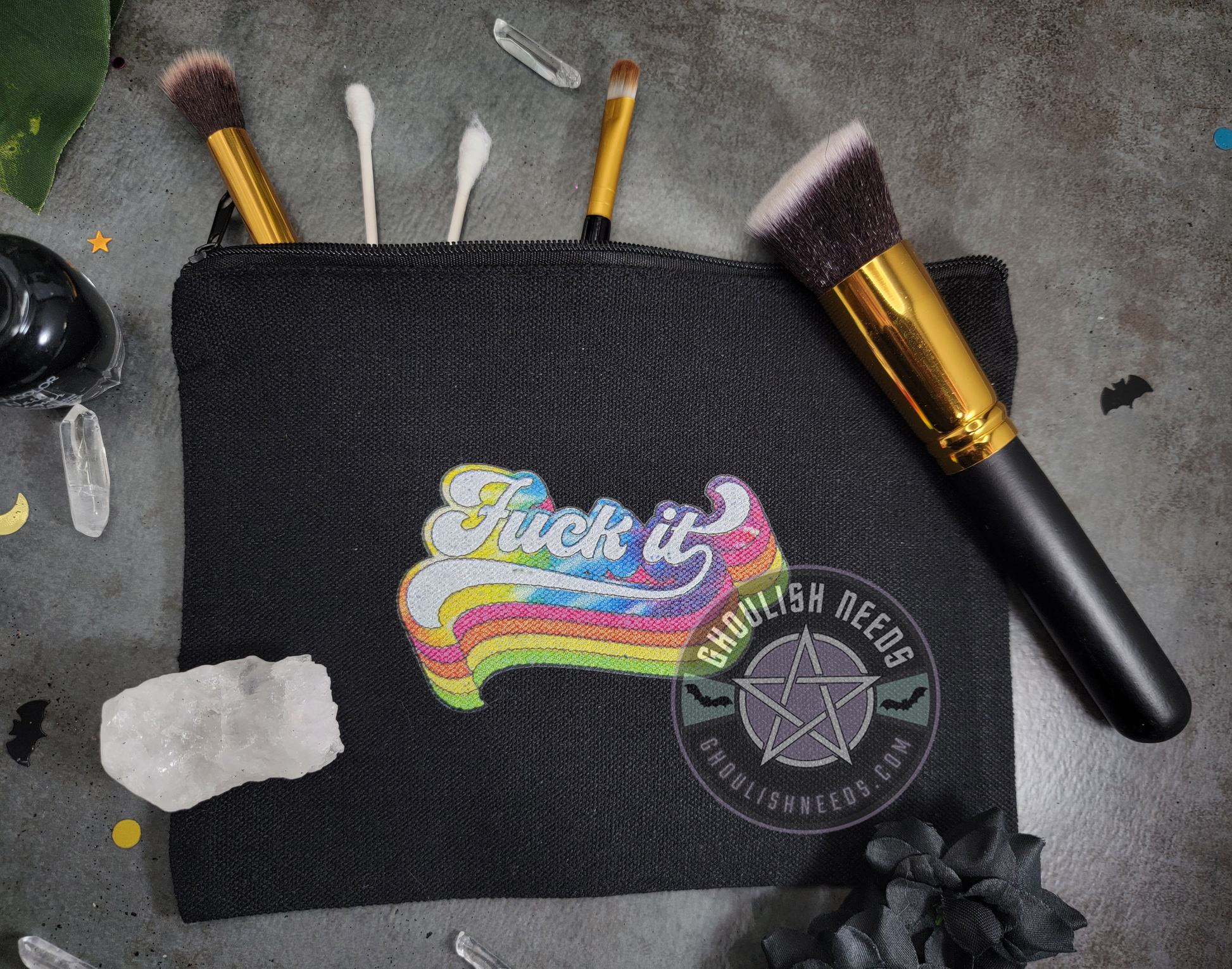 Fuck It Makeup Bag - Black canvas with bright rainbow print