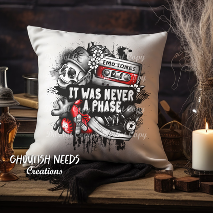 It Was Never A Phase White Pillow Case sitting on a counter surrounded by some decor 