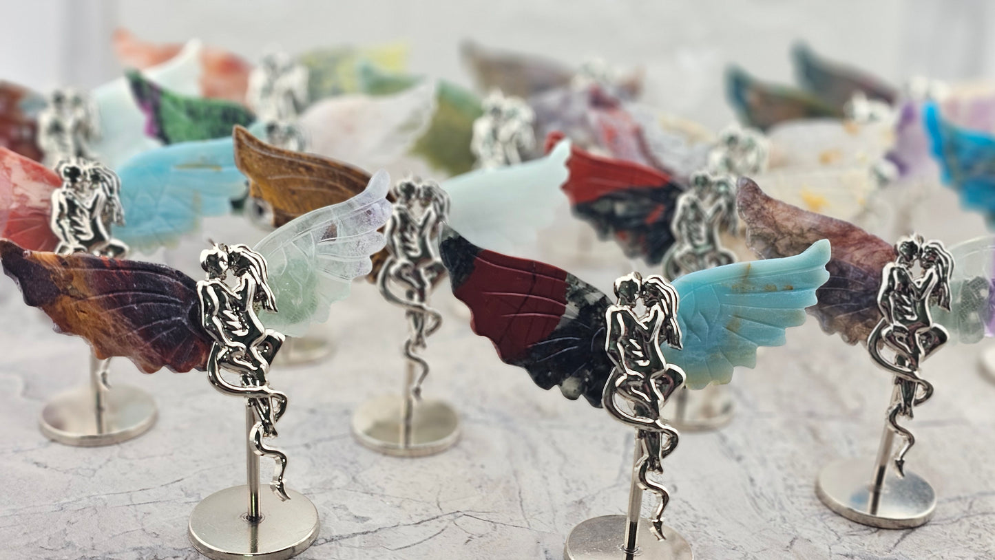 Multiple Angel and Devil Stone wing Carvings and Metal Figurine