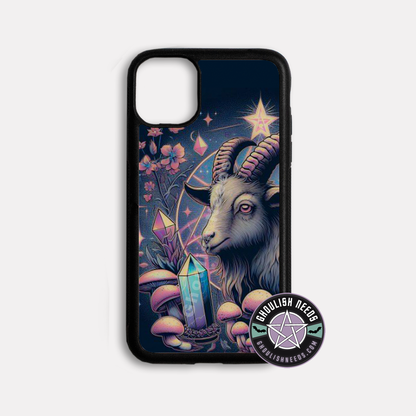 Phone case with a goat, crystals, and mushrooms design on a dark background
