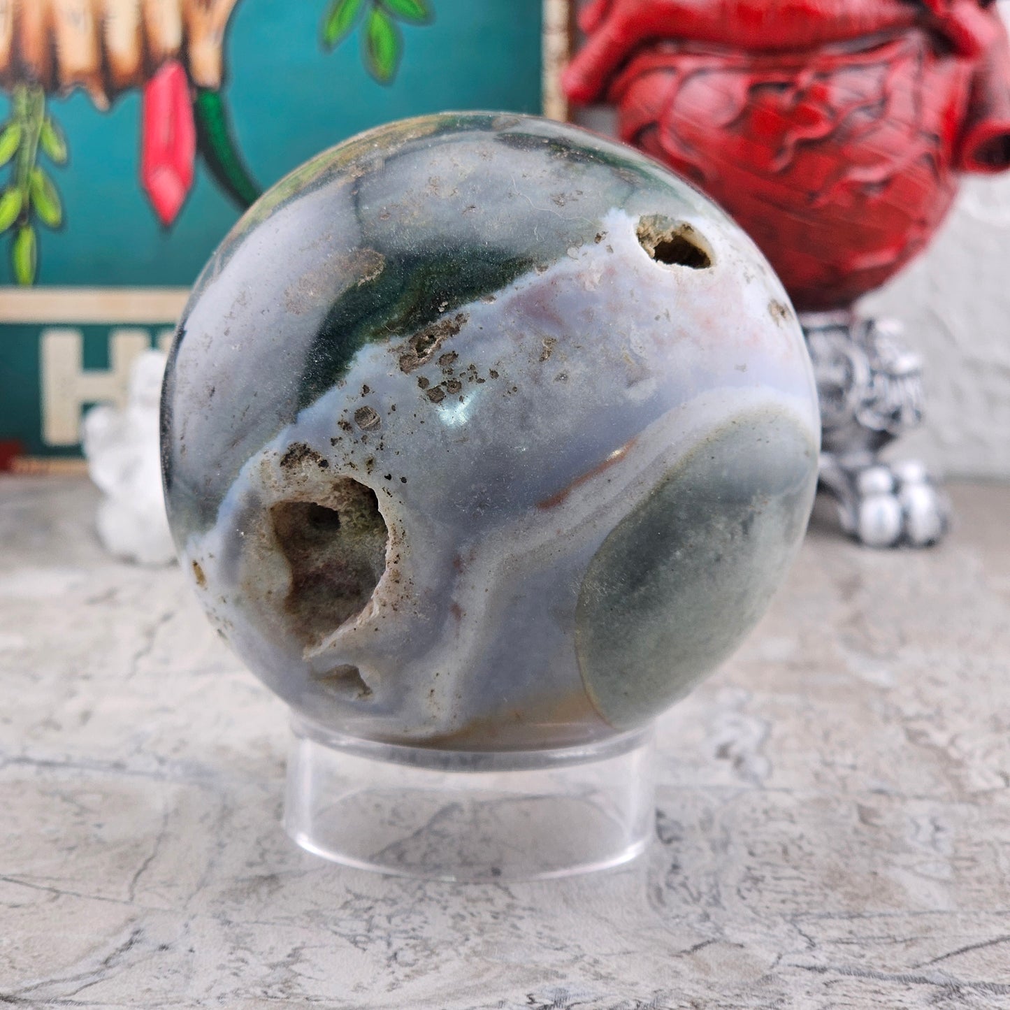 Ocean Jasper Sphere with Natural Vugs / Druzy Pockets