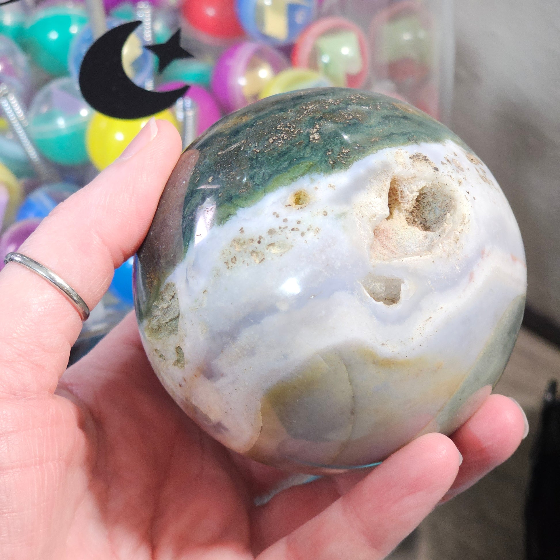 Ocean Jasper Sphere with Natural Vugs / Druzy Pockets