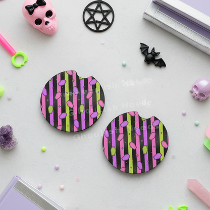 Neon Coffin and Stripes Car Coasters