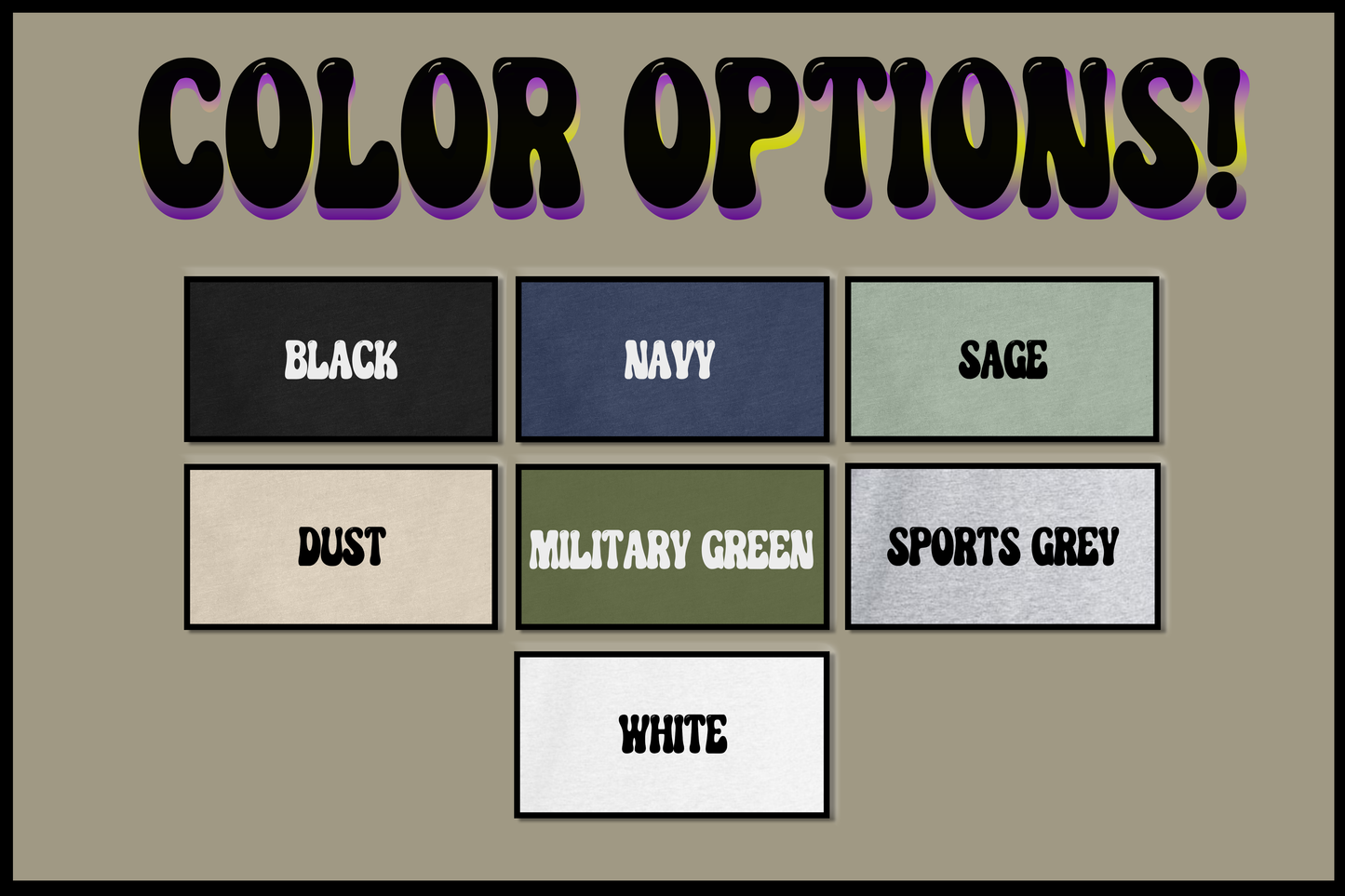 Color options display with text labels on a beige background