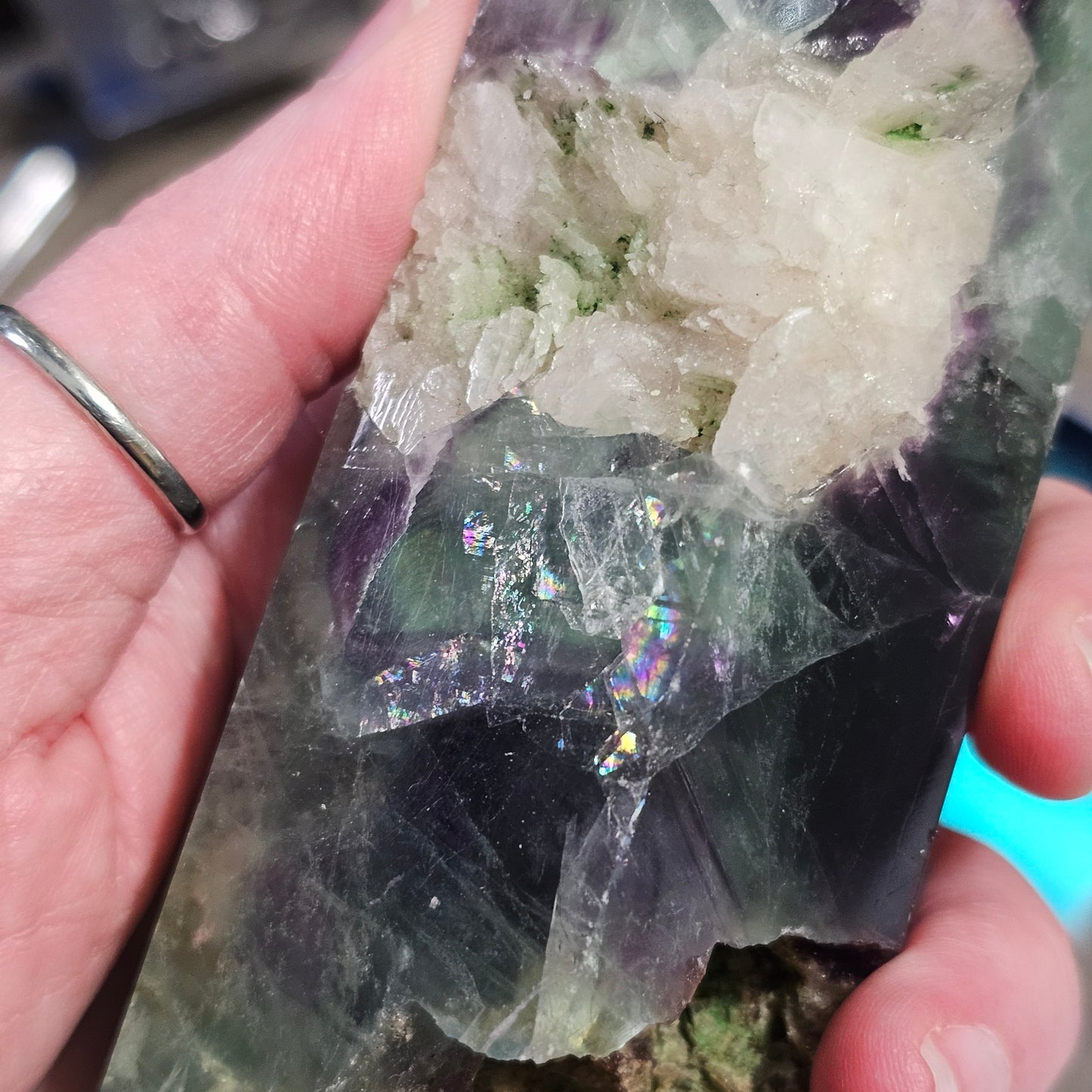 Fluorite Tower with Quartz Inclusions, Druzy Pockets & Natural Rainbow Flash