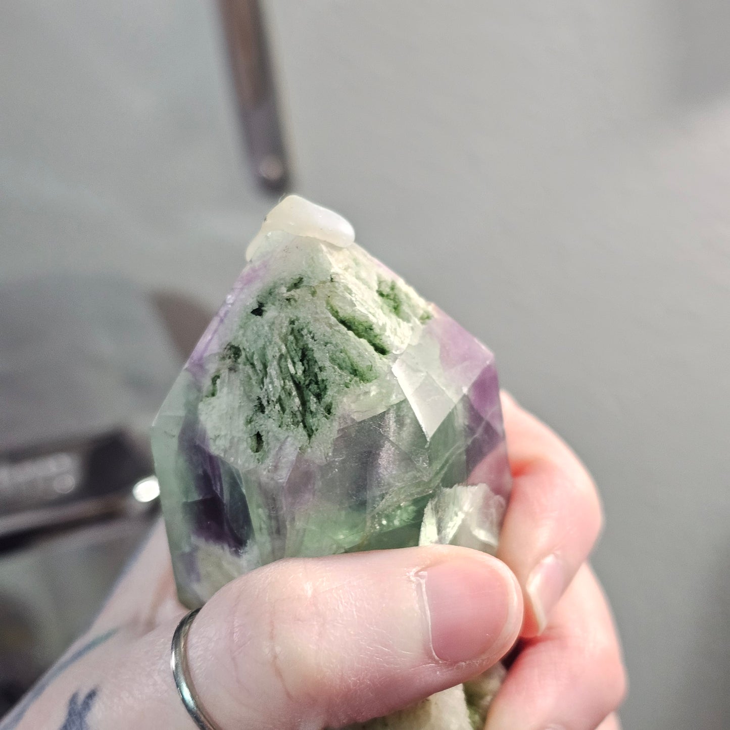 Fluorite Tower with Quartz Inclusions, Druzy Pockets & Natural Rainbow Flash