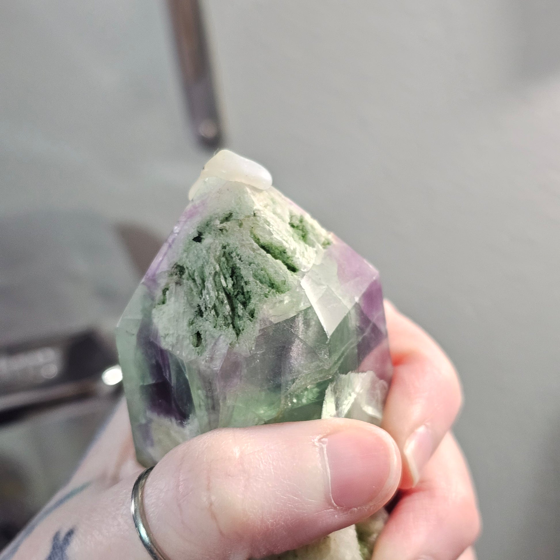 Fluorite Tower with Quartz Inclusions, Druzy Pockets & Natural Rainbow Flash