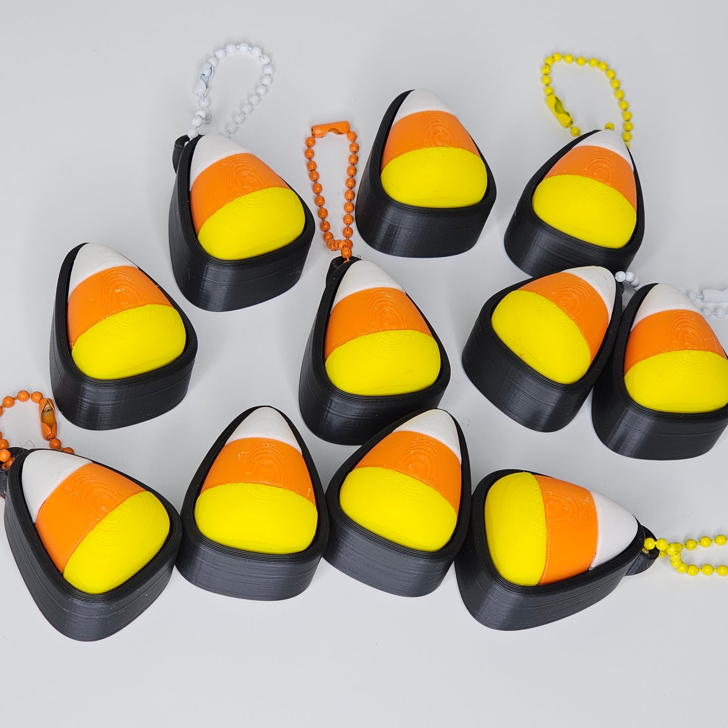 candy corn keychains laid out 