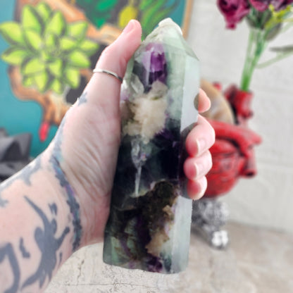 Fluorite Tower with Quartz Inclusions, Druzy Pockets & Natural Rainbow Flash