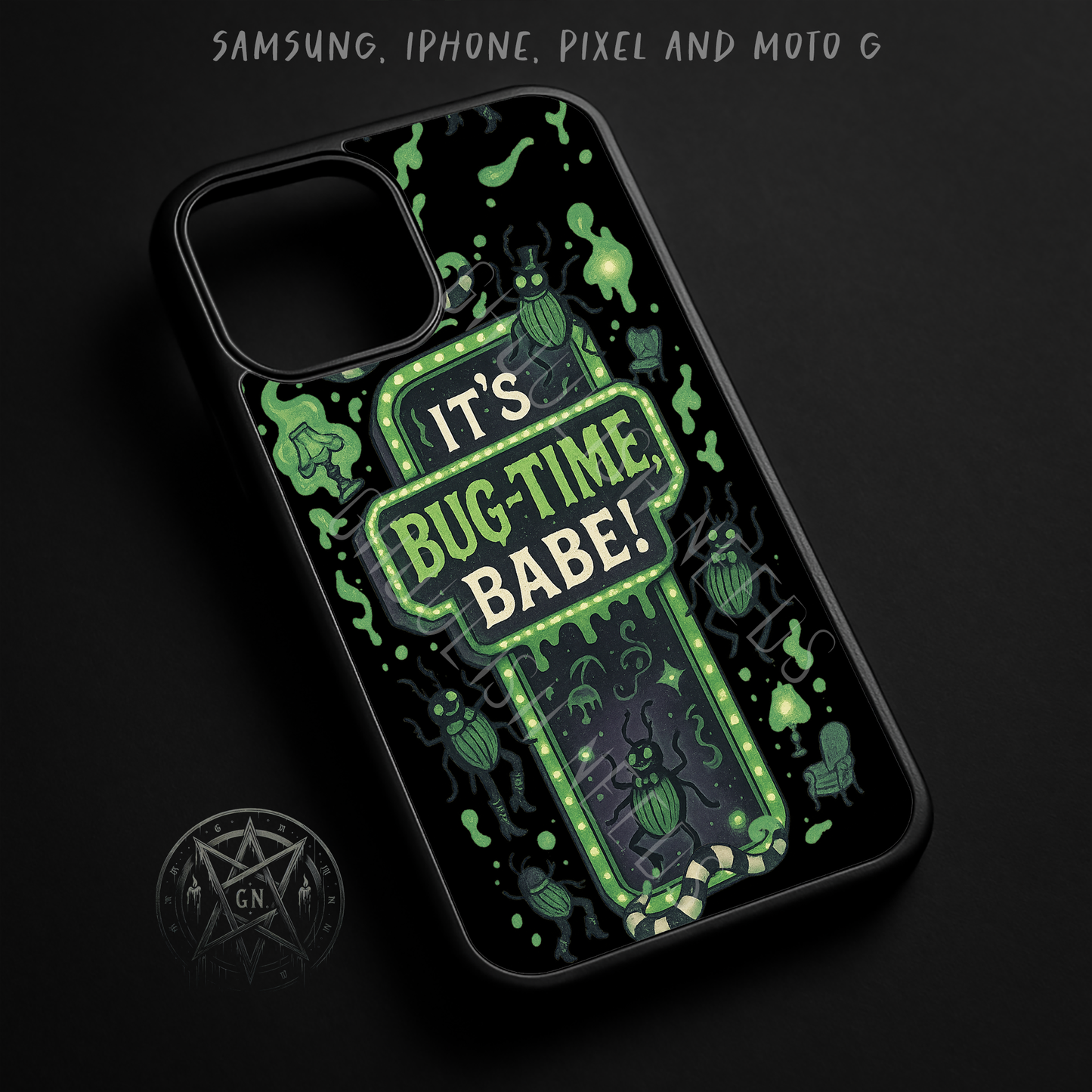 “It’s Bug-Time, Babe!” Creepy Cute Bug Motel Phone Case – iPhone, Samsung, Pixel & Moto G