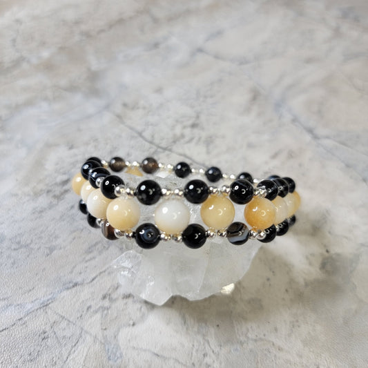 Dyed Chalcedony and black lace agate three layer Bracelet - Roughly 17cm