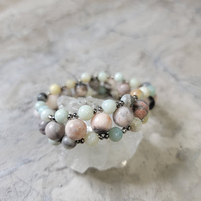Rainbow amazonite and pink zebra jasper three layer Bracelet - Roughly 17cm