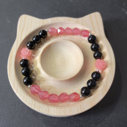 Faceted Strawberry Quarts and Obsidian Bracelet - Roughly 17cm