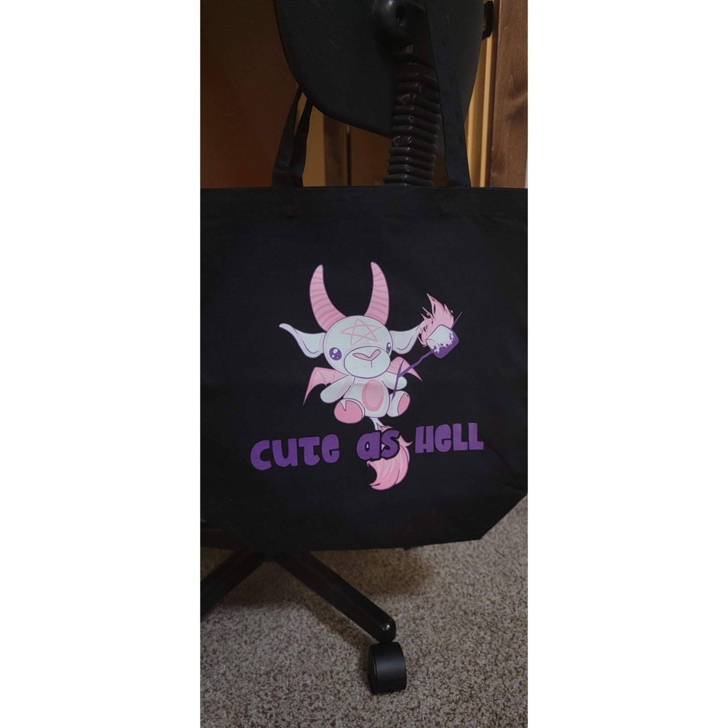 Cute as Hell Tote Bag mockup - Playful pink devil goat on black canvas