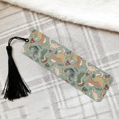 Dinosaur and Mushrooms Blue Bookmark with Tassel