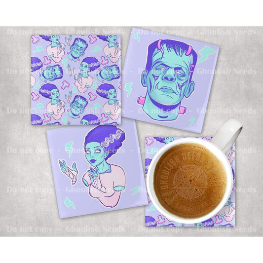 Pastel Frankenstein and Bride Coasters