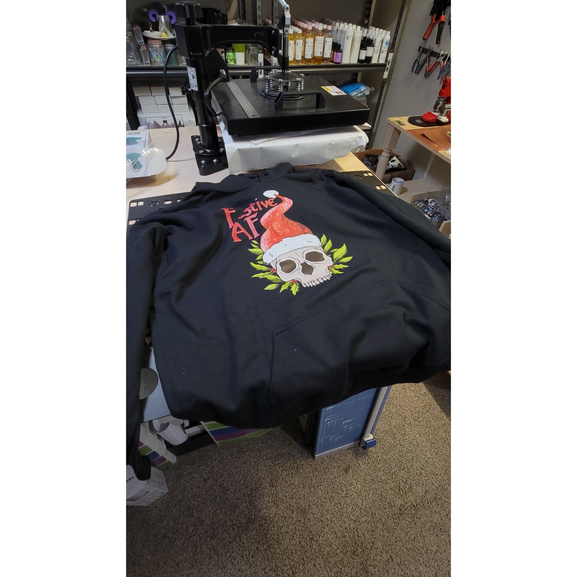 Festive AF Pullover Hoodie mockup - Skull with Santa hat design