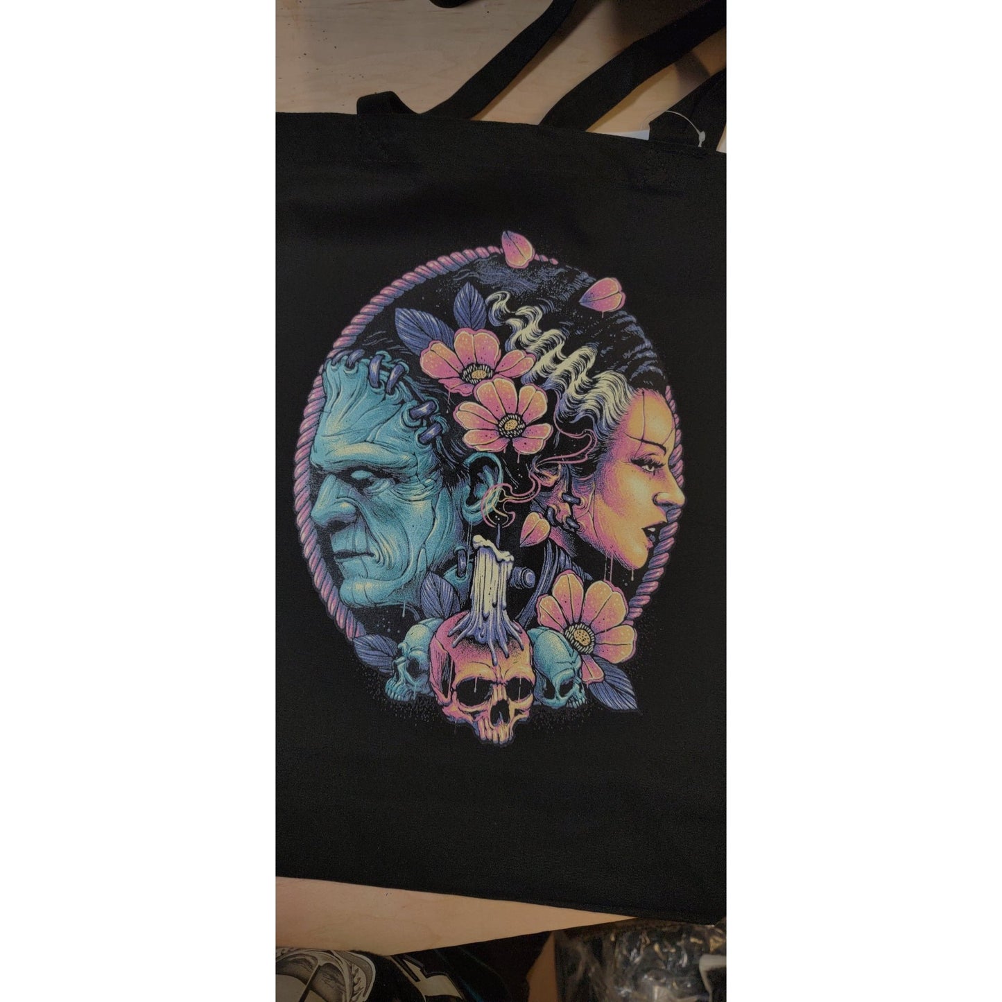 Frankenstein's Monster and Bride Tote Bag mockup - Woman carrying black canvas tote