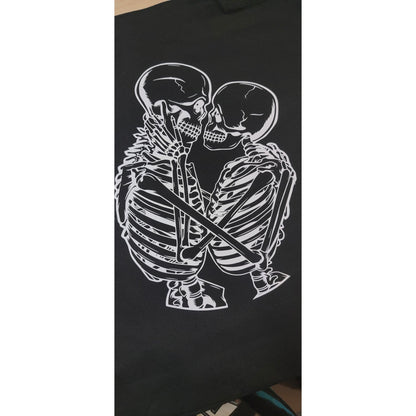 Lovers Tote Bag mockup - Skeleton couple embracing on black canvas