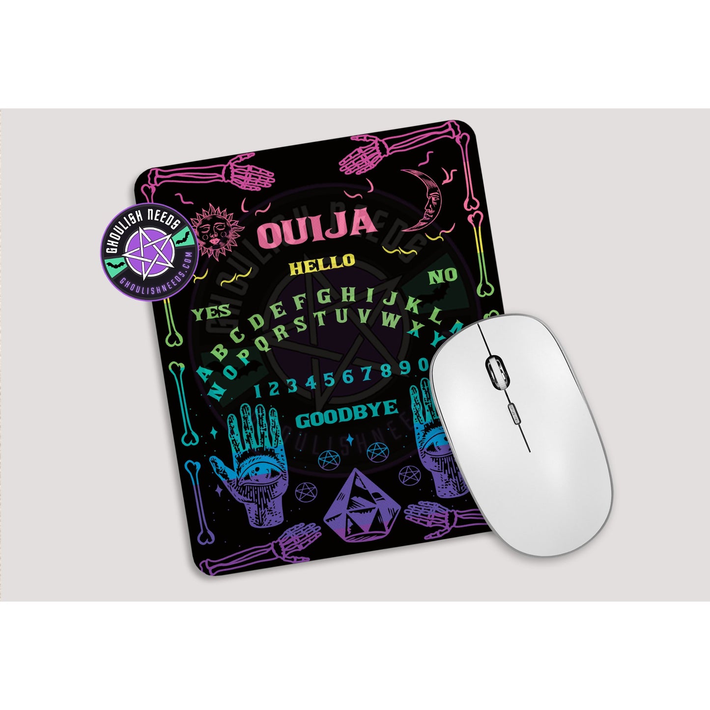 Rainbow Ouija Mousepad mockup - Colorful supernatural design on desk