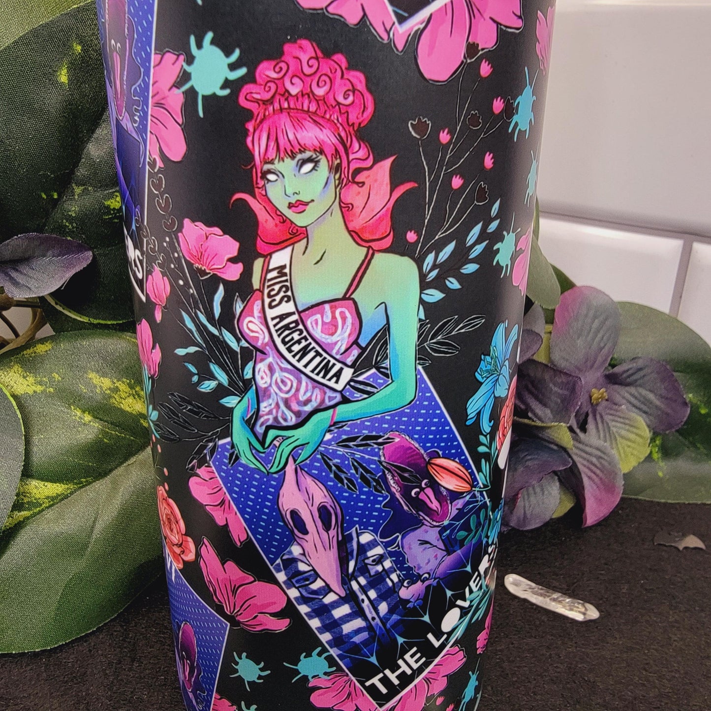 The Lovers Horror Tumbler - Close-up of hand-pressed sublimation design