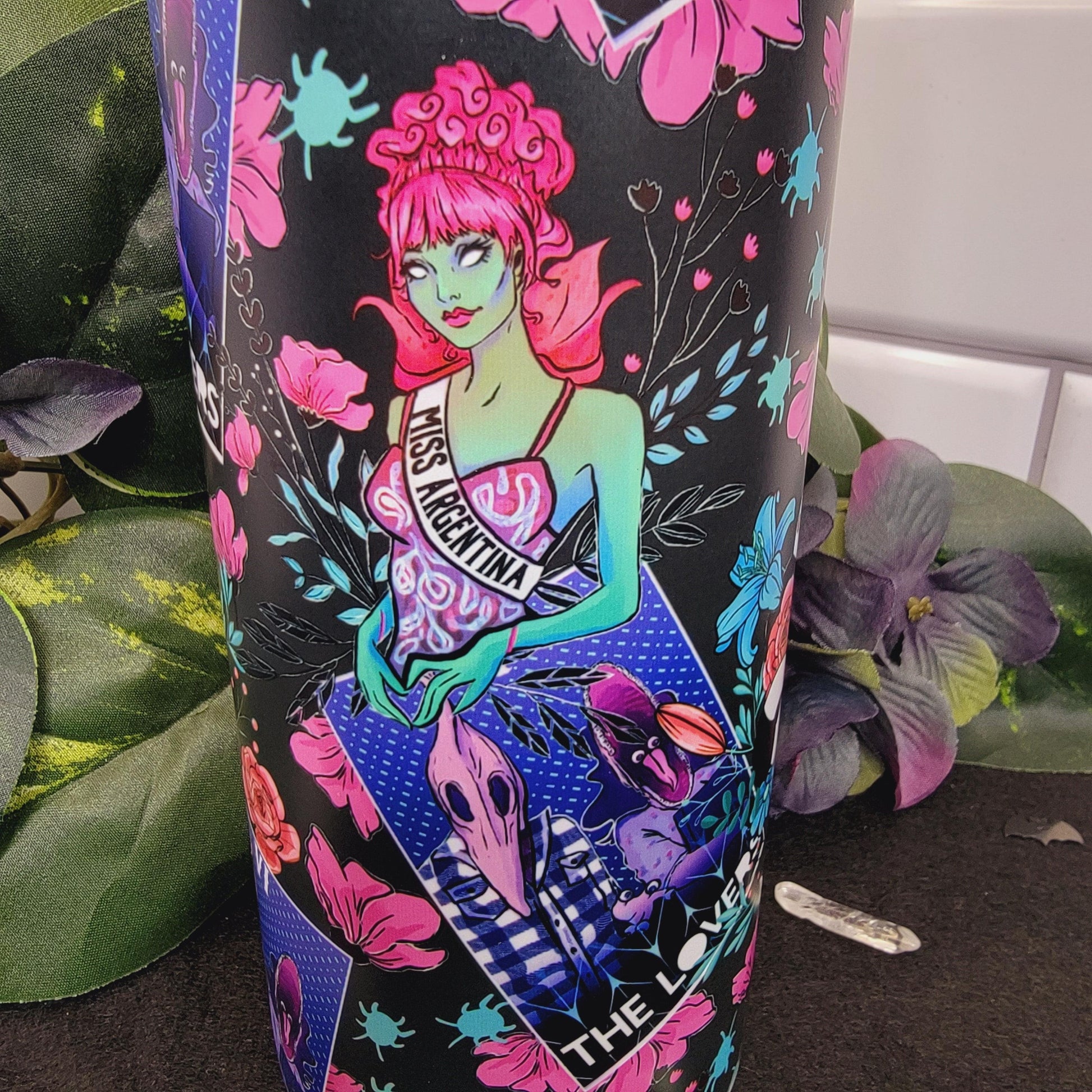 The Lovers Horror Tumbler - Close-up of hand-pressed sublimation design