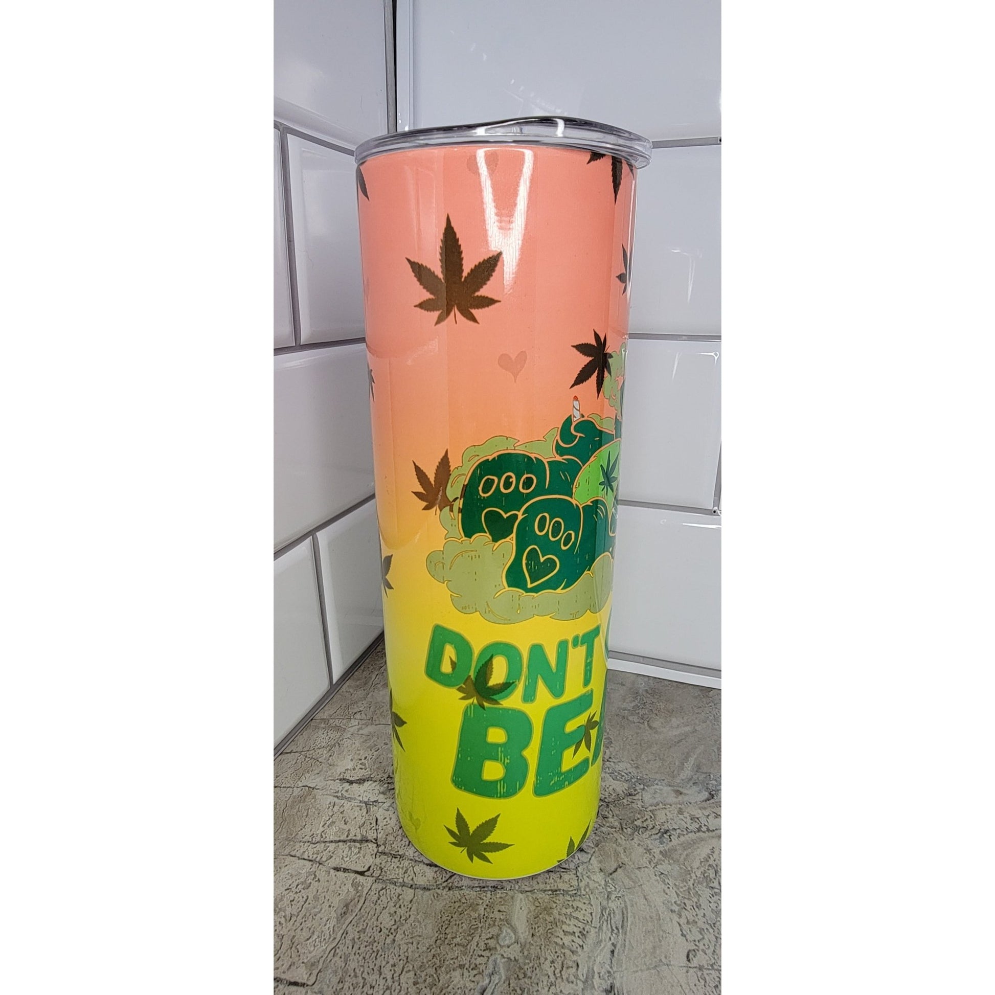Don't Care Bear 20oz Tumbler mockup - 420 friendly purple care bear design